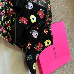 Betsey Johnson Black Velvet Embroidered Floral Booties